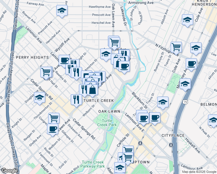 map of restaurants, bars, coffee shops, grocery stores, and more near 3702 Holland Avenue in Dallas