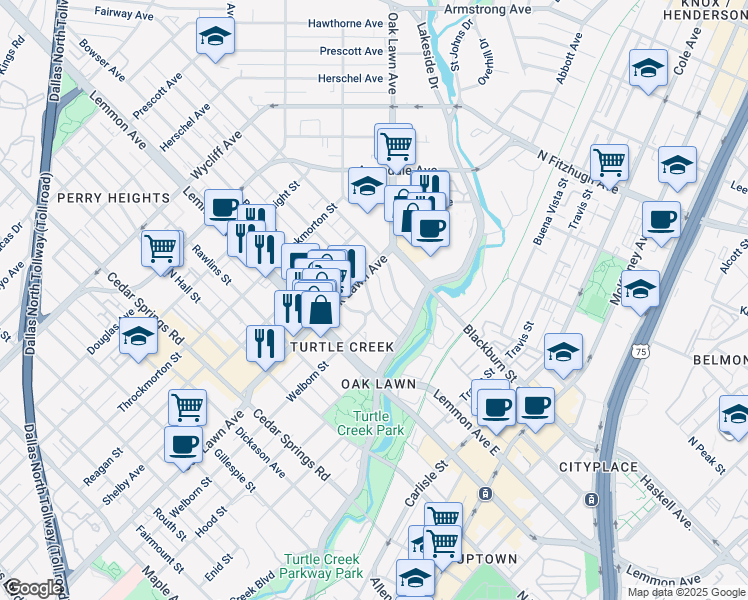 map of restaurants, bars, coffee shops, grocery stores, and more near 3702 Holland Avenue in Dallas