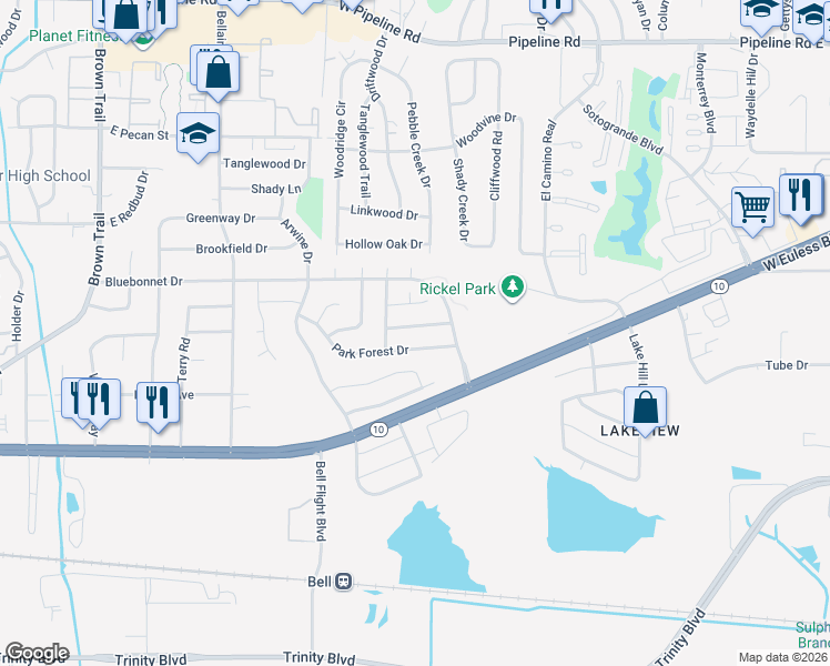 map of restaurants, bars, coffee shops, grocery stores, and more near 939 Park Forest Drive in Hurst