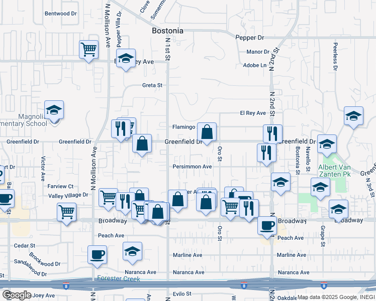 map of restaurants, bars, coffee shops, grocery stores, and more near 1135 Greenfield Drive in El Cajon