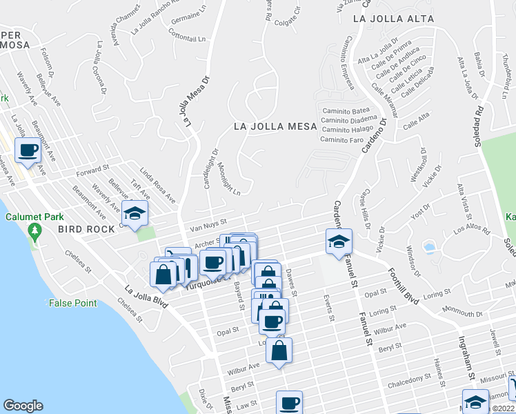 map of restaurants, bars, coffee shops, grocery stores, and more near 1040 Van Nuys Street in San Diego