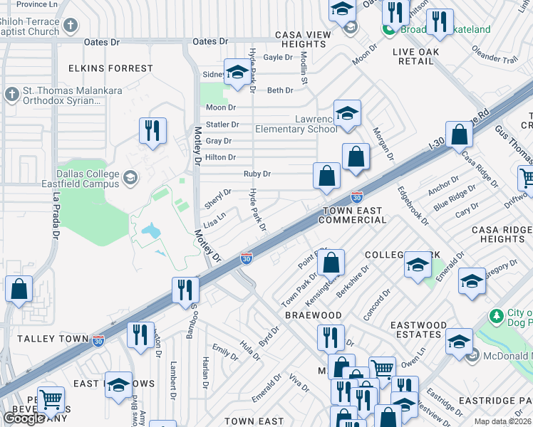 map of restaurants, bars, coffee shops, grocery stores, and more near 3528 Susan Drive in Mesquite