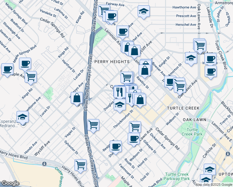 map of restaurants, bars, coffee shops, grocery stores, and more near 3003 1 Douglas Avenue in Dallas