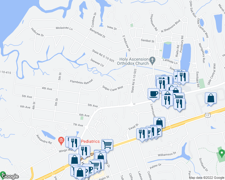map of restaurants, bars, coffee shops, grocery stores, and more near 1035 Planters Loop in Mount Pleasant