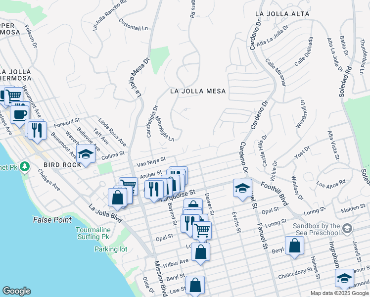map of restaurants, bars, coffee shops, grocery stores, and more near 1040 Van Nuys Street in San Diego