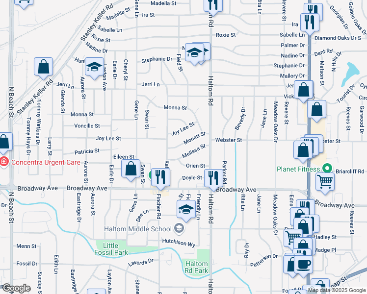 map of restaurants, bars, coffee shops, grocery stores, and more near 5013 Melissa Street in Haltom City