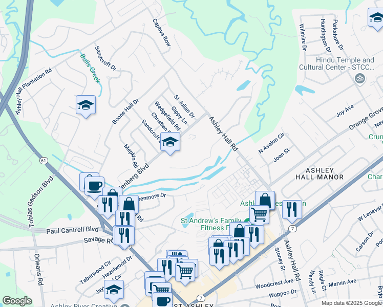 map of restaurants, bars, coffee shops, grocery stores, and more near 1645 Raoul Wallenberg Boulevard in Charleston
