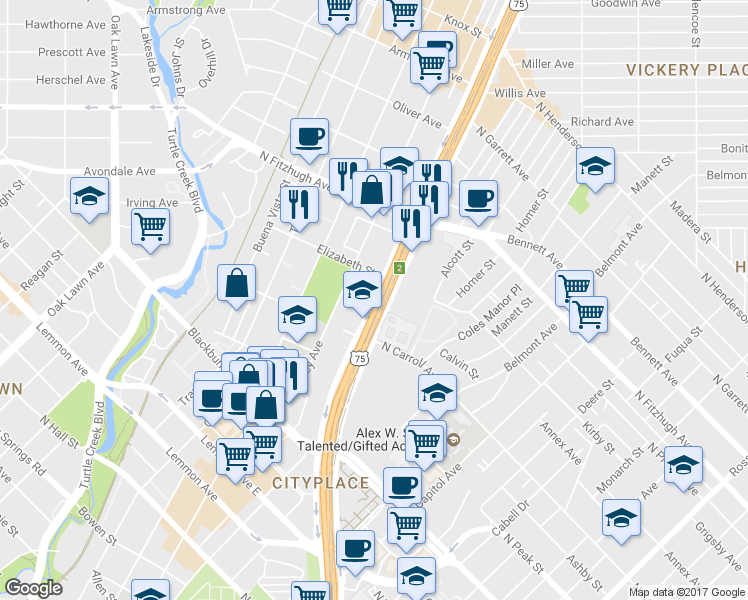 map of restaurants, bars, coffee shops, grocery stores, and more near 4034 North Central Expressway in Dallas