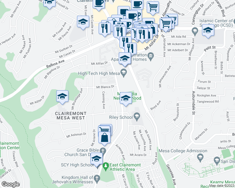 map of restaurants, bars, coffee shops, grocery stores, and more near 3912 Mount Acadia Boulevard in San Diego