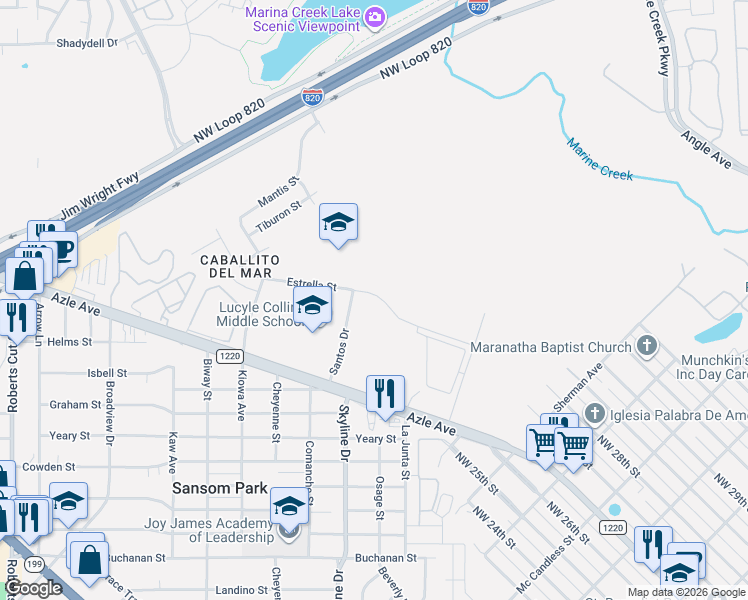 map of restaurants, bars, coffee shops, grocery stores, and more near 5265 Estrella Street in Fort Worth