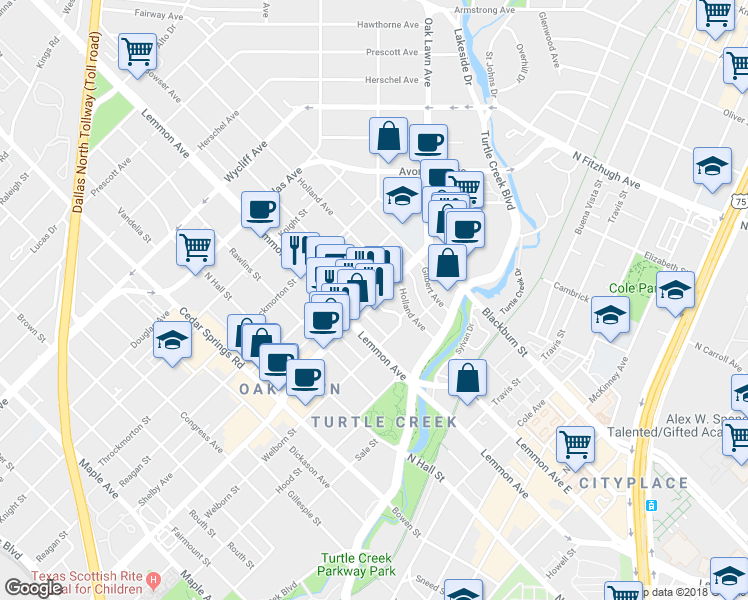 map of restaurants, bars, coffee shops, grocery stores, and more near Oak Lawn Ave & Bowser Ave in Dallas