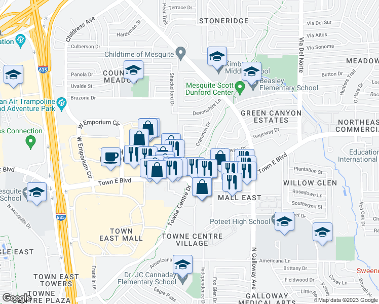 map of restaurants, bars, coffee shops, grocery stores, and more near 3504 Cranston Drive in Mesquite