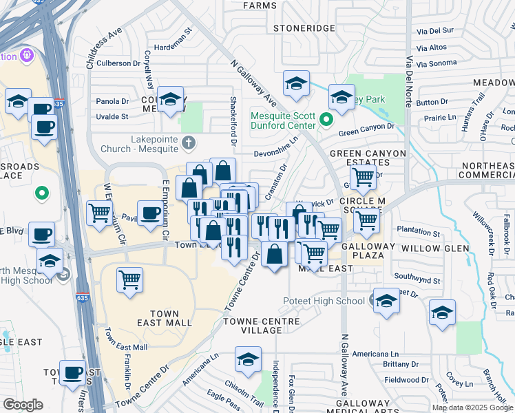 map of restaurants, bars, coffee shops, grocery stores, and more near 3504 Cranston Drive in Mesquite
