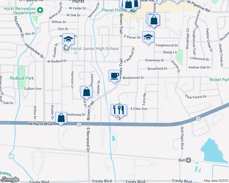 map of restaurants, bars, coffee shops, grocery stores, and more near 225 Wanda Way in Hurst