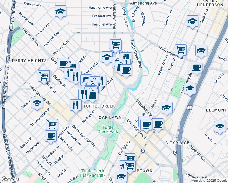 map of restaurants, bars, coffee shops, grocery stores, and more near 3702 Holland Avenue in Dallas