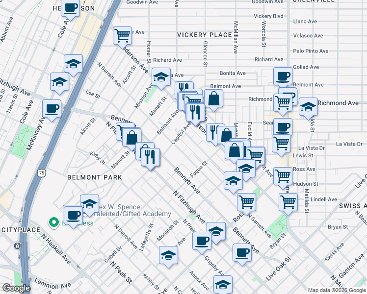 map of restaurants, bars, coffee shops, grocery stores, and more near 2304 North Garrett Avenue in Dallas