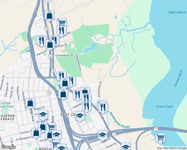 map of restaurants, bars, coffee shops, grocery stores, and more near 105 North Romney Street in Charleston