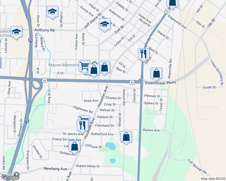 map of restaurants, bars, coffee shops, grocery stores, and more near 576 Colquitt Street in Macon
