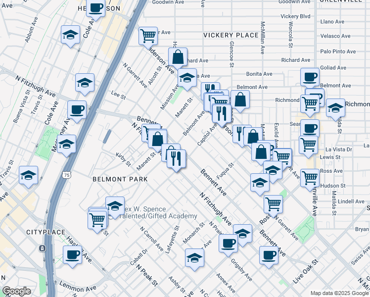 map of restaurants, bars, coffee shops, grocery stores, and more near 2400 Bennett Avenue in Dallas