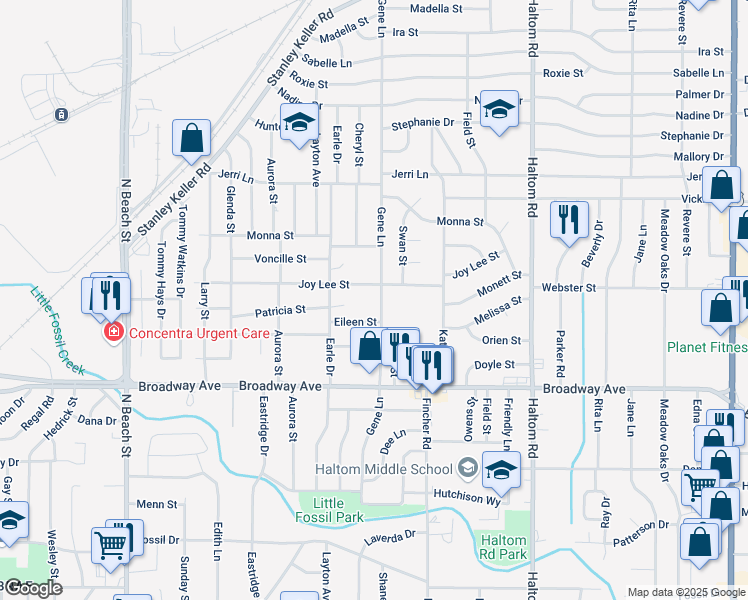 map of restaurants, bars, coffee shops, grocery stores, and more near 3425 Gene Lane in Haltom City