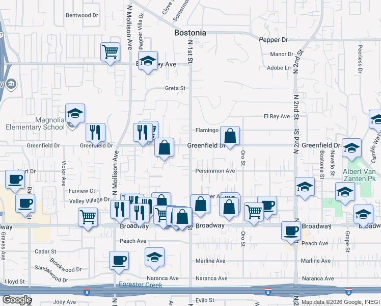 map of restaurants, bars, coffee shops, grocery stores, and more near 1235 North 1st Street in El Cajon