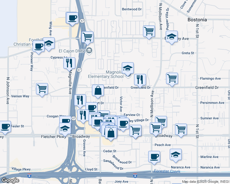 map of restaurants, bars, coffee shops, grocery stores, and more near 501 Greenfield Drive in El Cajon