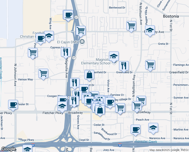 map of restaurants, bars, coffee shops, grocery stores, and more near 1237 Ballantyne Street in El Cajon