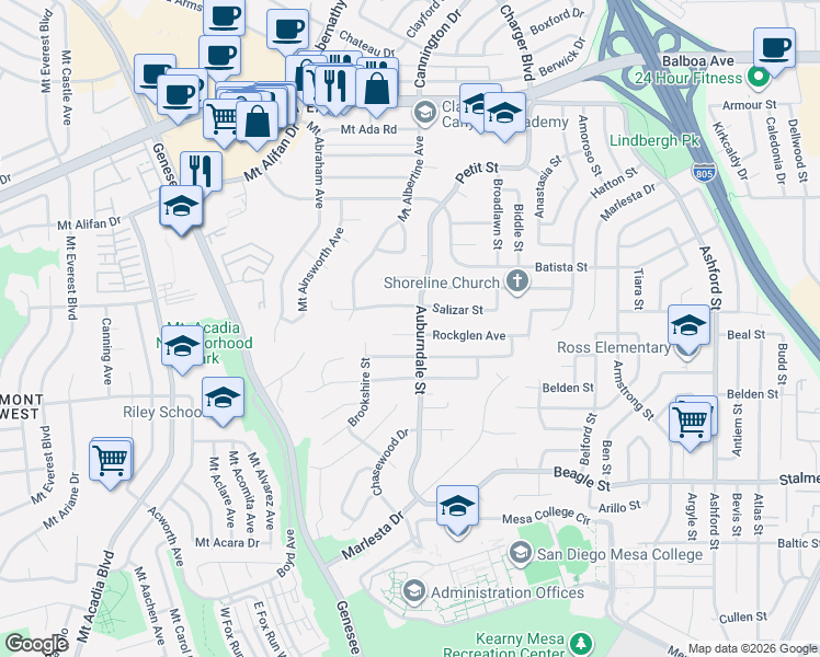 map of restaurants, bars, coffee shops, grocery stores, and more near 6631 Rockglen Avenue in San Diego