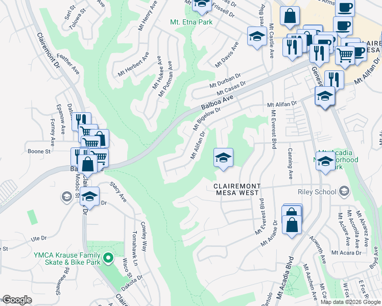 map of restaurants, bars, coffee shops, grocery stores, and more near 4542 Mount Alifan Drive in San Diego