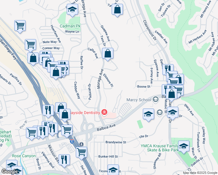 map of restaurants, bars, coffee shops, grocery stores, and more near 3562 Elsinore Place in San Diego