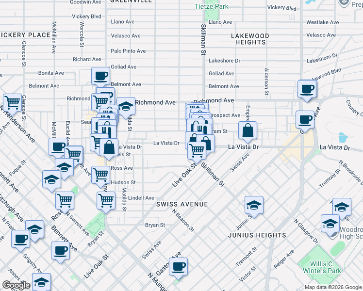 map of restaurants, bars, coffee shops, grocery stores, and more near 6013 Lewis Street in Dallas