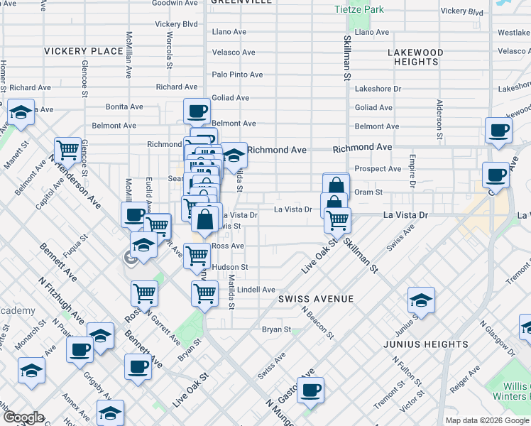 map of restaurants, bars, coffee shops, grocery stores, and more near 5909 Lewis Street in Dallas