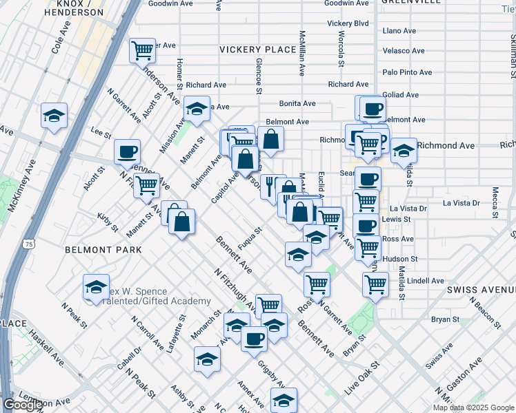 map of restaurants, bars, coffee shops, grocery stores, and more near 2110 Moser Avenue in Dallas