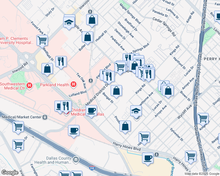map of restaurants, bars, coffee shops, grocery stores, and more near 2222 Medical District Drive in Dallas