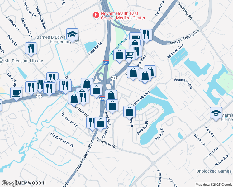 map of restaurants, bars, coffee shops, grocery stores, and more near 1439 Stuart Engals Boulevard in Mount Pleasant