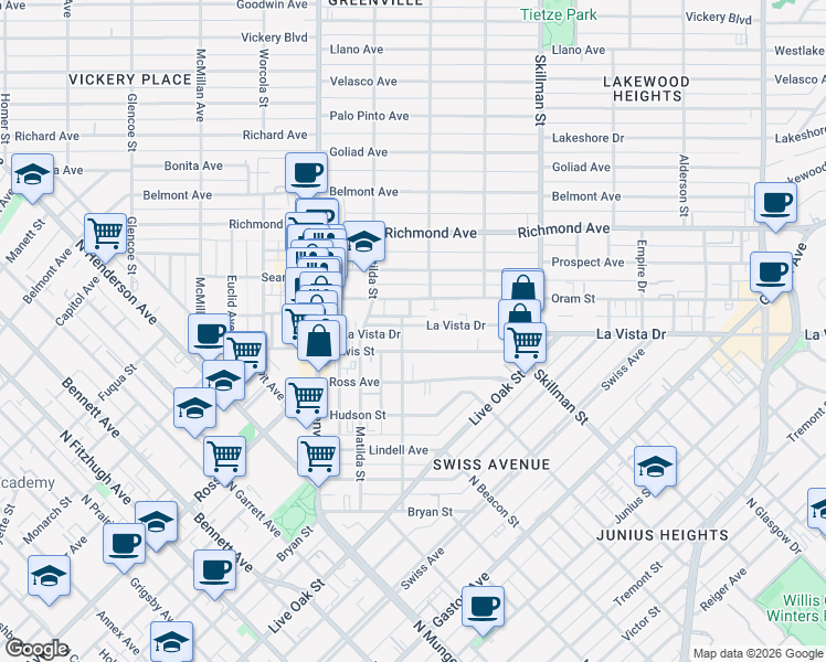 map of restaurants, bars, coffee shops, grocery stores, and more near 5909 Lewis Street in Dallas