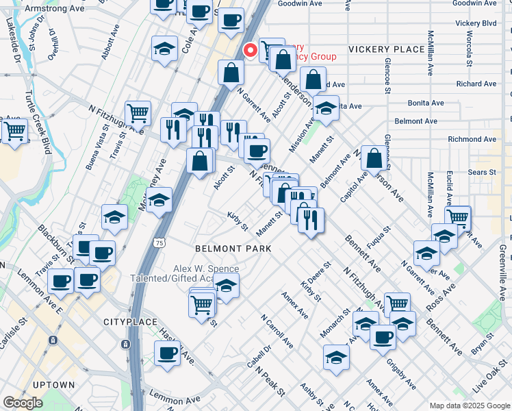 map of restaurants, bars, coffee shops, grocery stores, and more near 4829 Coles Manor Place in Dallas