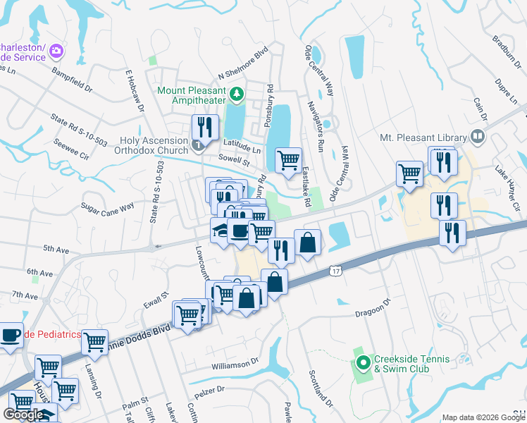 map of restaurants, bars, coffee shops, grocery stores, and more near 250 Ponsbury Road in Mount Pleasant