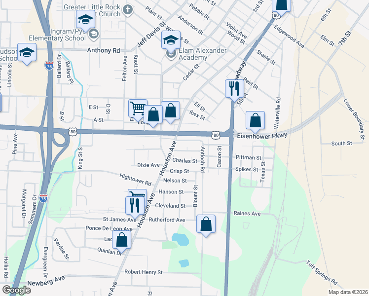 map of restaurants, bars, coffee shops, grocery stores, and more near 576 Colquitt Street in Macon
