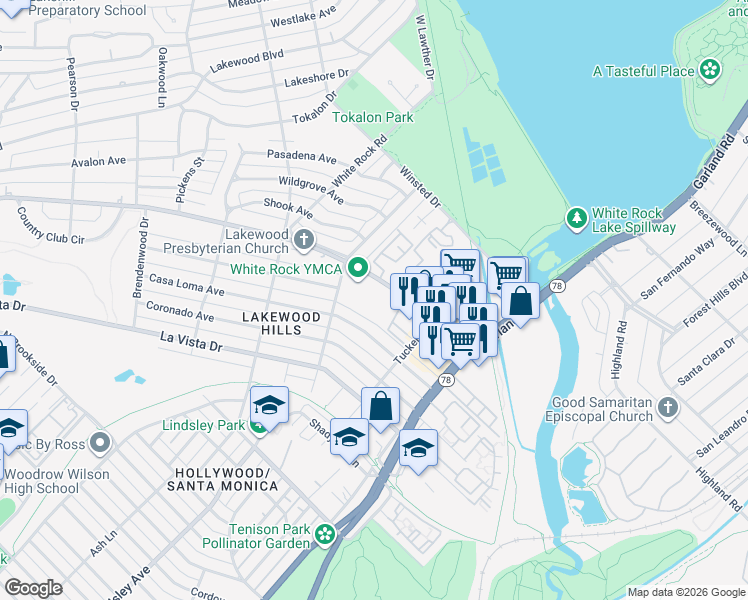 map of restaurants, bars, coffee shops, grocery stores, and more near 7180 Gaston Avenue in Dallas