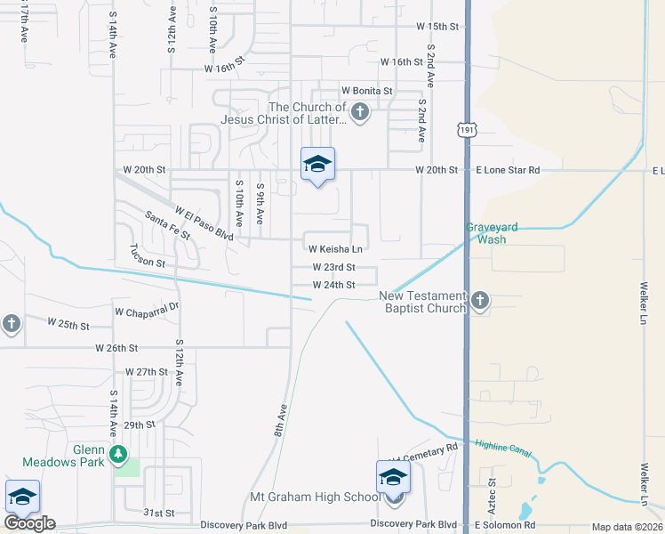 map of restaurants, bars, coffee shops, grocery stores, and more near 601 West 23rd Street in Safford