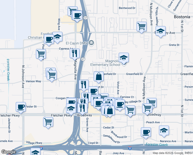 map of restaurants, bars, coffee shops, grocery stores, and more near 1237 Ballantyne Street in El Cajon