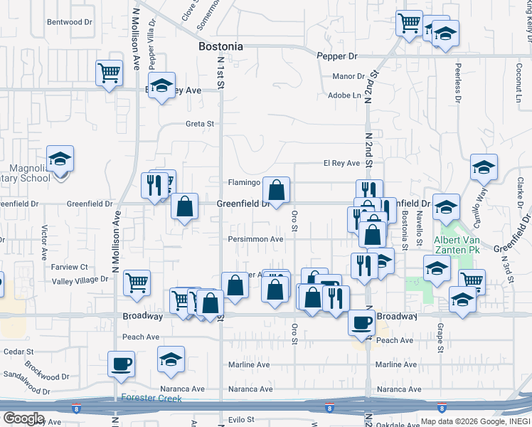 map of restaurants, bars, coffee shops, grocery stores, and more near 1151 Greenfield Drive in El Cajon