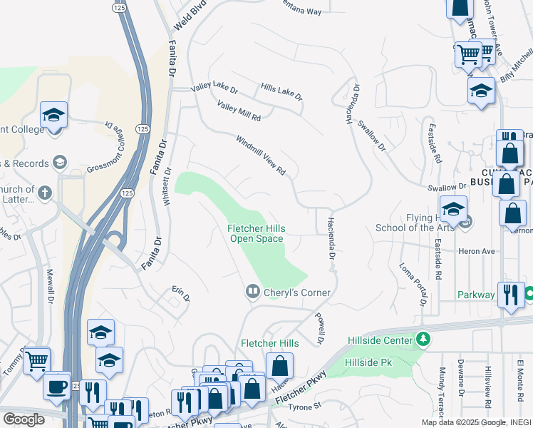 map of restaurants, bars, coffee shops, grocery stores, and more near 2165 Flying Hills Lane in El Cajon