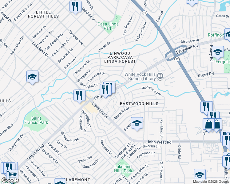 map of restaurants, bars, coffee shops, grocery stores, and more near 8850 Ferguson Road in Dallas