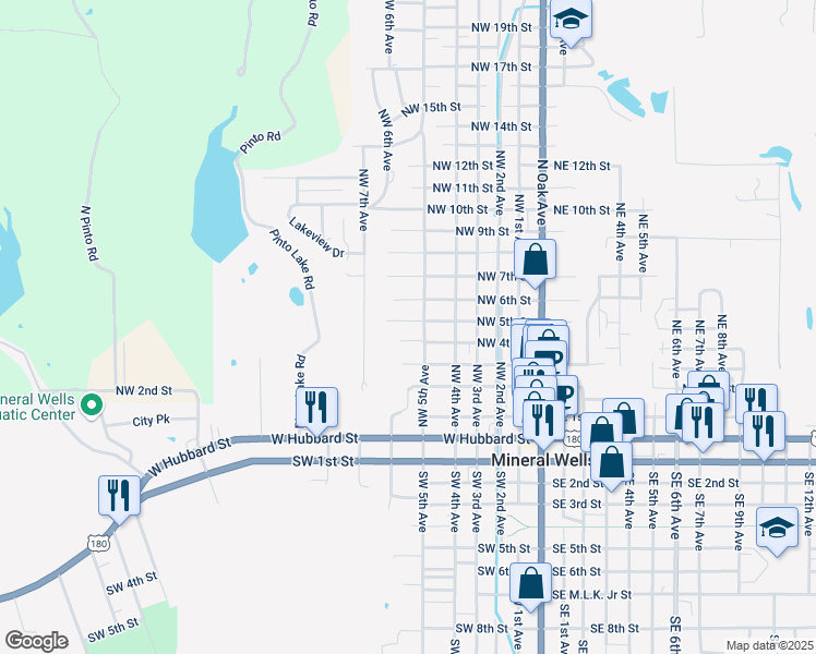 map of restaurants, bars, coffee shops, grocery stores, and more near 613 Northwest 5th Street in Mineral Wells