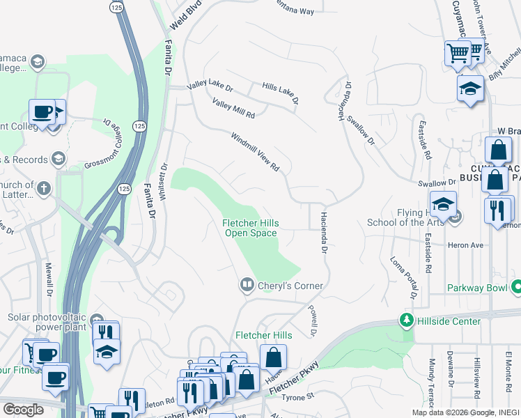 map of restaurants, bars, coffee shops, grocery stores, and more near 2165 Flying Hills Lane in El Cajon