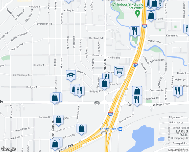 map of restaurants, bars, coffee shops, grocery stores, and more near 3424 Chaffin Drive in Richland Hills