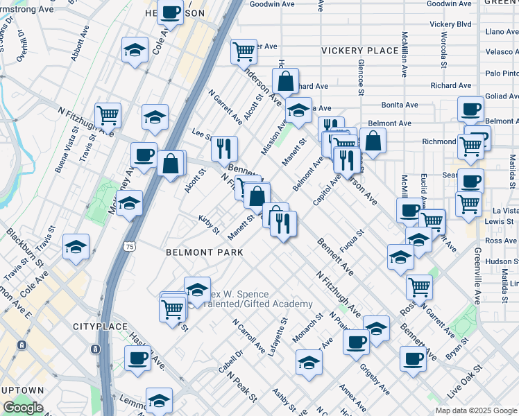 map of restaurants, bars, coffee shops, grocery stores, and more near 2518 North Fitzhugh Avenue in Dallas
