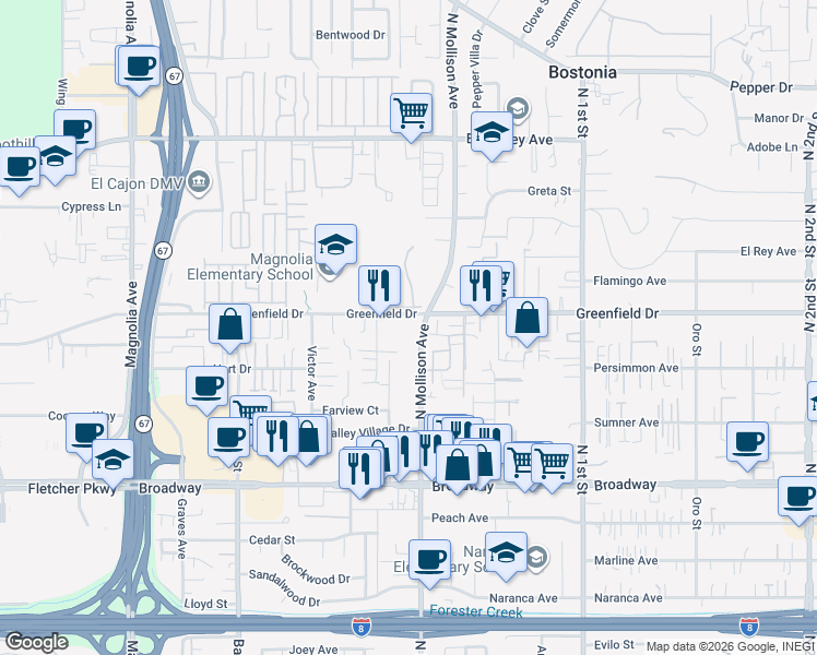 map of restaurants, bars, coffee shops, grocery stores, and more near 1294 North Mollison Avenue in El Cajon